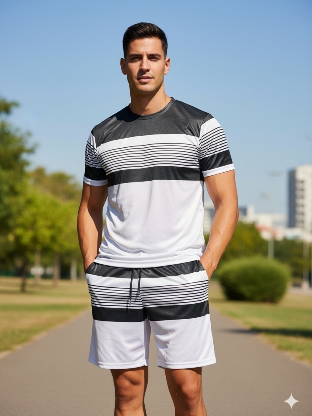 💥NWOT-Men's Black & White Striped Athletic 2 Pc Outfit NWOT